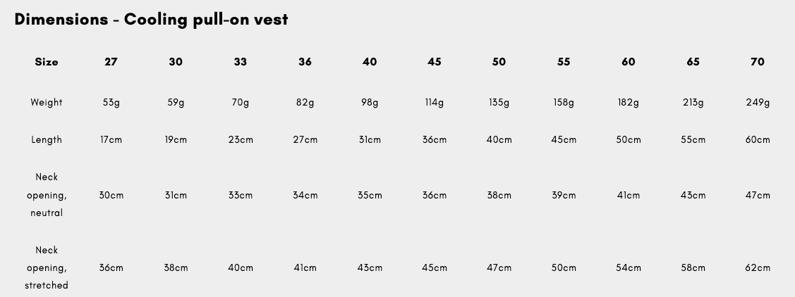Dimension sizing chart for cooling vest