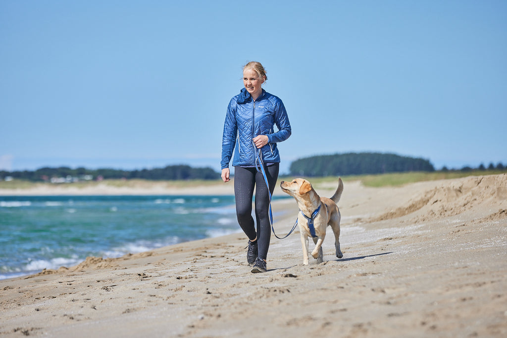 A woman walks a yellow Labrador Retriever on a beach, wearing a blue line 5.0 harness, with the ocean and blue sky in the background.