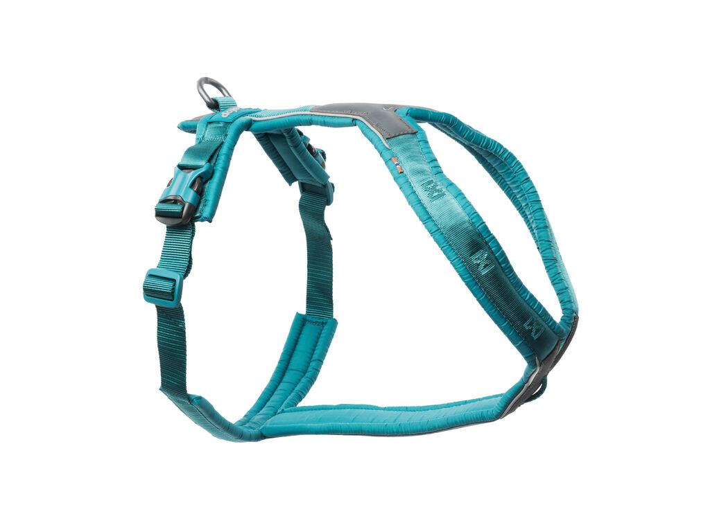 A teal dog harness with black plastic buckles and a black reflective chest strap, shown on a plain white background.