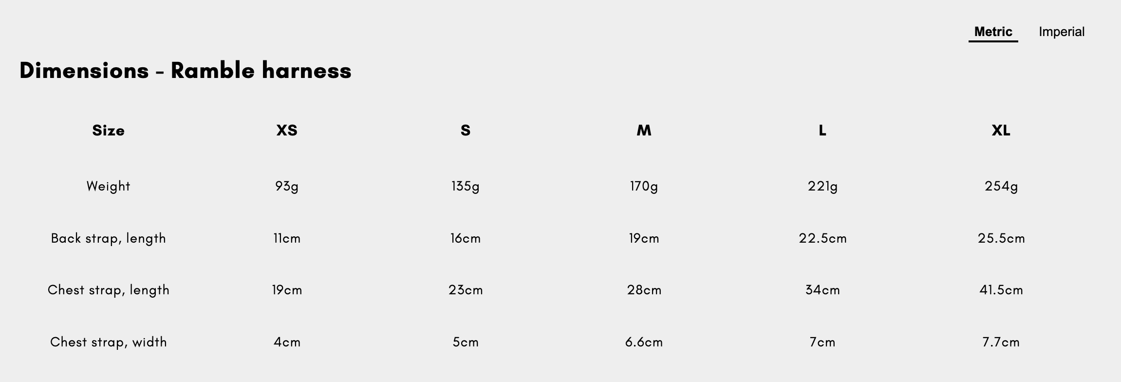 Ramble harness dimensions